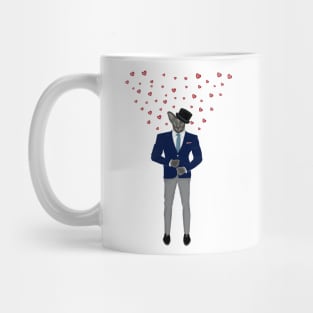 Cat with hearts in suit and hat. Cat gentleman. Mug